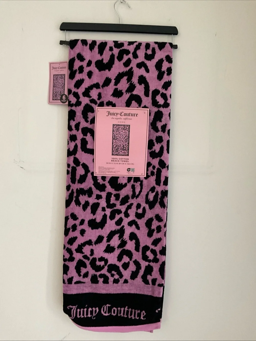 JUICY COUTURE PINK BLACK LEOPARD PRINT 6 FEET BEACH POOL TOWEL NWT